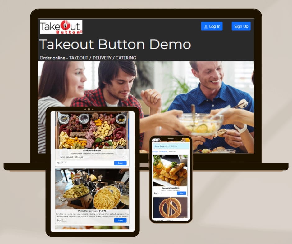 Takeout Button online ordering system demo preview on laptop and mobile